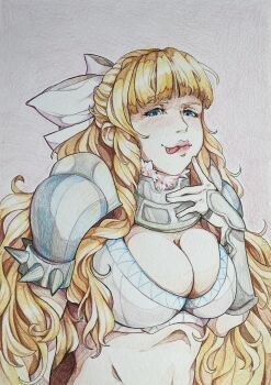 Rule 34 | 1girl, armor, blonde hair, blue eyes, bow, breasts, charlotte (fire emblem), cleavage, finger to mouth, fire emblem, fire emblem fates, fur trim, gorget, hair bow, large breasts, long hair, looking at viewer, midriff peek, myrskymerkki, nintendo, pauldrons, shoulder armor, simple background, solo, tongue, tongue out, wavy hair