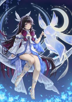 Rule 34 | 1girl, bare shoulders, black hair, blue dress, breasts, colored inner hair, columbina (genshin impact), commentary, dress, english commentary, flower, genshin impact, hair ornament, highres, long hair, long sleeves, luonnotar (genshin impact), medium breasts, multicolored hair, off shoulder, purple eyes, red hair, revision, ryuuneart, sidelocks, two-tone dress, white dress, wide sleeves, wing hair ornament