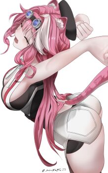 Rule 34 | 1girl, animal ears, arched back, ascot, ass, beret, black hat, blue gem, blush, breasts, closed eyes, commentary, fang, gem, goggles, goggles on head, hair intakes, hat, highres, hololive, hololive english, large breasts, long hair, multicolored hair, open mouth, panther ears, panther girl, panther tail, pink hair, pink tail, raora panthera, raora panthera (1st costume), shifuku25, shirt, shorts, simple background, sleeveless, sleeveless shirt, solo, streaked hair, stretching, tail, thighs, twitter username, two-tone hair, virtual youtuber, white ascot, white background, white shirt, white shorts