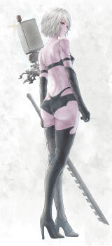 1girl a2_(nier:automata) absurdres android armband ass bare_shoulders black_armband black_boots black_gloves blue_eyes boots breasts closed_mouth eyelashes from_behind full_body glint gloves grey_hair high_heel_boots high_heels highres holding holding_sword holding_weapon joints looking_to_the_side mole mole_under_mouth nier:automata nier_(series) pod_(nier:automata) robot_joints short_hair small_breasts solo standing sword thigh_boots tomozoo83 weapon