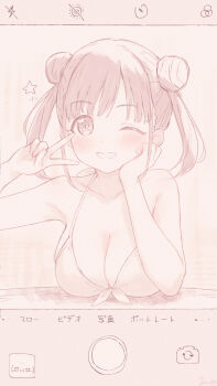1girl ;d armpits bikini blush breasts brown_hair collarbone commentary_request double_bun fake_phone_screenshot fake_screenshot gameso grin hair_bun halterneck hand_on_own_cheek hand_on_own_face highres idolmaster idolmaster_shiny_colors large_breasts long_hair looking_at_viewer one_eye_closed open_mouth smile solo sonoda_chiyoko star_(symbol) swimsuit translation_request twintails v