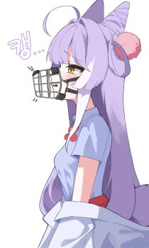 Rule 34 | 1girl, absurdres, blue shirt, blush, commentary request, cone hair bun, cowboy shot, double bun, from side, hair bun, hair ornament, highres, jacket, jacket partially removed, korean commentary, korean text, long hair, multicolored hair, muzzle (mask), parted lips, pom pom (clothes), pom pom hair ornament, profile, purple hair, raised inner eyebrows, renibou, shirt, short sleeves, simple background, solo, stellive, straight hair, streaked hair, tenko shibuki, translation request, virtual youtuber, wavy mouth, white background, white jacket, yellow eyes