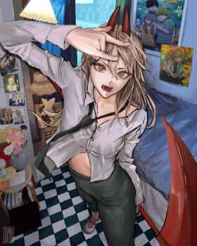 \n/ bedroom black_necktie black_pants blonde_hair chainsaw_man cross-shaped_pupils demon_girl demon_horns hair_between_eyes hemokinesis highres horns long_hair long_hair_between_eyes looking_at_viewer necktie pants pants_rolled_up photo_(object) power_(chainsaw_man) red_horns scythe sharp_teeth shirt shirt_partially_tucked_in symbol-shaped_pupils taorotana teeth
