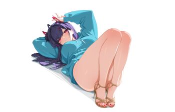 1girl ahoge akuma_nihmune aqua_hoodie arm_behind_head arm_up blush breasts closed_mouth commentary ear_piercing fake_horns feet fingernails full_body hair_ornament hairclip high_heels highres hood hoodie horns indie_virtual_youtuber large_breasts legs long_fingernails long_hair looking_at_viewer lying nail_polish no_pants on_back piercing purple_hair red_eyes red_horns red_nails sansha_art shoes simple_background thighs toes virtual_youtuber white_background wide_hips yellow_shoes