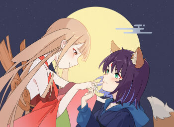 2girls absurdres animal_ear_fluff animal_ears bare_shoulders black_choker blonde_hair blue_hoodie cho_kaguya-hime! choker closed_mouth commentary_request egasumi eye_contact fox_ears fox_girl fox_tail green_eyes highres holding_hands hood hoodie interlocked_fingers japanese_clothes kaguya_(cho_kaguya-hime!) kimono looking_at_another luminesence moon multiple_girls night orange_eyes purple_hair rabbit_ears red_kimono sakayori_iroha short_hair sky smile star_(sky) starry_sky tail yuri