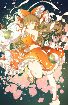 1girl black_hair breasts closed_mouth covered_navel gohei hakurei_reimu highres holding holding_gohei ichizen_(o_tori) long_hair medium_breasts red_shirt red_skirt sandals shirt skirt sleeveless sleeveless_shirt smile socks solo touhou white_socks