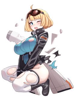1girl ;o ahoge black_boots black_jacket blonde_hair blue_eyes bob_cut boots breasts broken from_side full_body goggles goggles_on_head griffon_(last_origin) highres jacket large_breasts last_origin leotard long_sleeves looking_at_viewer michihasu one_eye_closed open_mouth ribbed_leotard shards short_hair simple_background solo squatting thighhighs torn_clothes torn_leotard torn_thighhighs v_arms white_background white_thighhighs