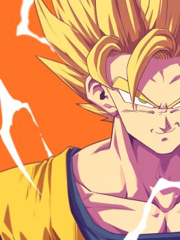 1boy absurdres blonde_hair close-up closed_mouth collarbone commentary_request commission crackling_energy dougi dragon_ball dragonball_z green_eyes highres horang4628 korean_commentary looking_at_viewer male_focus orange_background portrait smirk solo son_goku spiked_hair super_saiyan super_saiyan_2