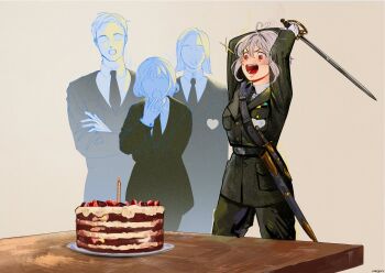 Rule 34 | 2boys, 2girls, :o, ahoge, birthday cake, black necktie, black suit, breasts, cake, candle, commentary, commission, crossed arms, english commentary, faceless, faceless female, faceless male, food, formal clothes, grey hair, heart, heart ahoge, holding, holding sword, holding weapon, knife sheath, large breasts, long hair, military uniform, multiple boys, multiple girls, necktie, original, sheath, short hair, signature, suit, sword, usergore, very long hair, weapon