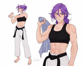 Rule 34 | commentary, highres, kinschi, kpop demon hunters, long hair, muscular, muscular female, rumi (kpop demon hunters), scar, towel, training