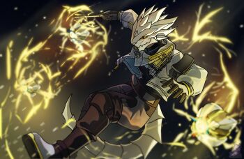 1boy antal_(arknights) arknights arknights:_endfield artist_logo black_pants closed_mouth colored_sclera commentary drone electricity enfys_ellezard english_commentary furry furry_male holding holding_wand jacket lizard_tail logo male_focus pants reptile_boy slit_pupils tail wand white_jacket yellow_sclera