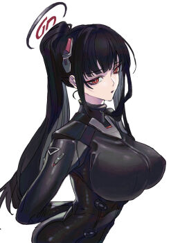 1girl black_bodysuit black_hair blue_archive bodysuit breasts bright_pupils halo high_ponytail highres huge_breasts impossible_bodysuit impossible_clothes latex latex_bodysuit long_hair nobita_(makoto7060355) official_alternate_costume official_alternate_hairstyle ponytail red_eyes rio_(armed)_(blue_archive) rio_(blue_archive) solo white_background