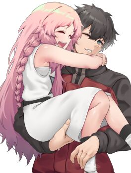 1boy 1girl :d ;d adachi_t_(xadachit) bare_shoulders black_hair blue_eyes blush braid carrying carrying_person cuddling dress full_body girls'_frontline girls'_frontline_2:_exilium grin happy helena_(girls'_frontline_2) highres hug jacket long_hair one_eye_closed open_mouth pink_hair short_hair single_braid sleeveless sleeveless_dress smile star_(symbol) star_print teeth upper_body upper_teeth_only very_long_hair white_dress