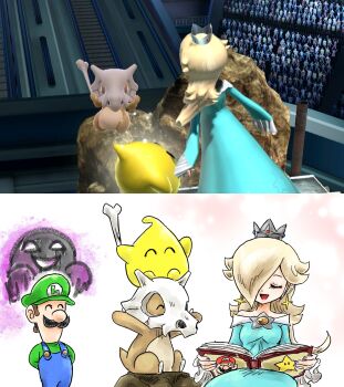 1boy 1girl bare_shoulders blonde_hair blue_dress blue_overalls bone book brooch brown_hair closed_eyes crown cubone dress earrings facial_hair game_screenshot_inset gen_1_pokemon ghost green_hat green_shirt hair_over_one_eye hat highres holding holding_bone holding_book jewelry kicdon long_hair luigi luma_(mario) mario mario_(series) mustache nintendo off-shoulder_dress off_shoulder open_book open_mouth overalls pokemon pokemon_(creature) pokemon_tower_ghost rosalina shirt star_(symbol) star_brooch star_earrings super_smash_bros. super_star_(mario)