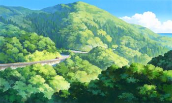 blue_sky car cloud day forest guard_rail hariken highres kagoshima_prefecture motor_vehicle mountain nature no_humans original outdoors real_world_location road scenery sky toyota toyota_prius tree