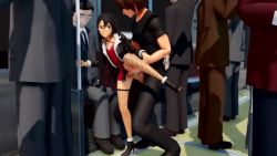 1girl 3d age_difference alternate_hairstyle animated ankle_boots black_hair boots boruto:_naruto_next_generations clothed_sex clothes_lift dress dress_lift fishnet_thighhighs fishnets glasses hetero high_heel_boots high_heels leg_grab leg_lift loli long_hair minidress multiple_boys naruto_(series) penis ponchi public_indecency red-framed_eyewear sex sex_from_behind standing standing_on_one_leg tagme thighhighs train train_interior uchiha_sarada vaginal video
