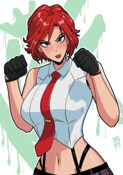 1girl absurdres breasts gloves highres large_breasts lipstick looking_at_viewer makeup midriff navel necktie paddy_g_(terrybrogard) red_eyes red_hair snk solo suspenders the_king_of_fighters vanessa_(kof)