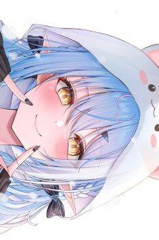 1girl 7nopi absurdres ahoge blue_hair blush close-up closed_mouth elf finger_to_cheek hashtag-only_commentary heart heart_ahoge highres hololive hood hood_up multicolored_hair pink_hair pointy_ears simple_background smile solo streaked_hair virtual_youtuber white_background white_hair yellow_eyes yukihana_lamy