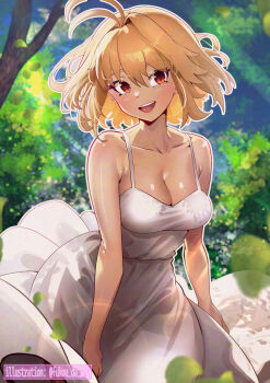 1girl :d antenna_hair arcueid_brunestud blonde_hair blush breasts cleavage collarbone dress dress_tug falling_leaves floating_hair forest fukou hair_intakes head_tilt highres leaf leaning_forward looking_at_viewer nature open_mouth outdoors red_eyes short_hair sidelocks sleeveless sleeveless_dress smile solo spaghetti_strap standing sundress teeth tree tsukihime upper_body upper_teeth_only white_dress wind wind_lift