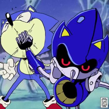 2boys animal_ears animated black_sclera close-up colored_sclera furry furry_male glowing glowing_eyes hedgehog_boy highres humanization humanoid_robot injury ishida1694 looking_at_viewer male_focus meme metal_sonic multiple_boys naoya_hitting_choso_without_looking_(meme) portrait punching red_eyes robot sonic_(series) sonic_the_hedgehog sonic_the_hedgehog_(ova) video violence