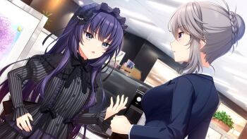 2girls alpha_(yukai_na_nakamatachi) black_capelet black_dress black_ribbon blue_hair blue_jacket breasts capelet computer computer_tower dress dutch_angle game_cg gothic_lolita grey_eyes hair_between_eyes hairband indoors jacket lolita_fashion lolita_hairband long_hair long_sleeves medium_breasts multiple_girls neck_ribbon open_mouth pink_eyes ribbon short_hair sousaku_kanojo_no_renai_koushiki standing striped_clothes striped_dress uishi_himeko vertical-striped_clothes vertical-striped_dress very_long_hair white_hair yukisaki_erika