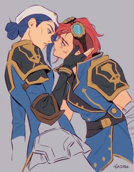 2girls arcane:_league_of_legends arcane_caitlyn arcane_vi armor artist_name blue_eyes blue_hair caitlyn_(league_of_legends) commentary couple elbow_pads fingerless_gloves from_side gloves goggles goggles_on_head grey_background hair_bun hair_over_one_eye hair_up hengxingshu highres incoming_kiss league_of_legends leaning_back leaning_forward long_sleeves looking_at_another multiple_girls parted_lips pink_hair police police_uniform shaved_head short_hair shoulder_armor symbol-only_commentary upper_body vi_(league_of_legends) yuri