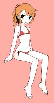1girl akableak ass_freckles bikini black_eyes body_freckles breasts bright_pupils charlotte_(akableak) freckles full_body highres medium_hair navel orange_hair original pink_eyes ponytail side-tie_bikini_bottom simple_background sitting small_breasts solo swimsuit white_pupils