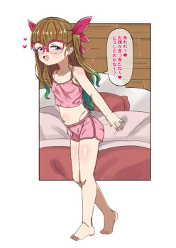 1girl arms_at_sides bare_shoulders barefoot border breasts brown_hair camisole collarbone eyelashes female_focus from_side full_body glasses green_hair half-closed_eyes indoors japanese_text kuchimisan loli long_hair looking_at_viewer looking_to_the_side multicolored_hair naughty_face navel ohdo_yuamu over-rim_eyewear pink_camisole pink_shorts purple_eyes red-framed_eyewear semi-rimless_eyewear shorts small_breasts solo speech_bubble standing toes translation_request two-tone_hair white_border yu-gi-oh! yu-gi-oh!_go_rush!!