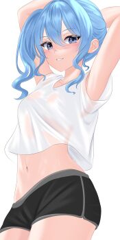 1girl absurdres arms_up black_shorts blue_eyes blue_hair breasts commentary commission english_commentary highres hololive hoshimachi_suisei looking_at_viewer navel rain_lambda see-through_clothes see-through_shirt shirt short_shorts shorts simple_background small_breasts solo stomach virtual_youtuber white_background white_shirt