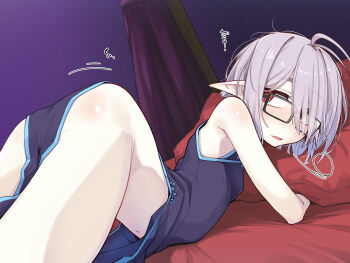 1girl bags_under_eyes black-framed_eyewear black_dress china_dress chinese_clothes commentary_request dress glasses grey_hair highres letty_(ogami_kazuki) lying ogami_kazuki original paid_reward_available pillow pointy_ears red_eyes sleeveless sleeveless_dress solo