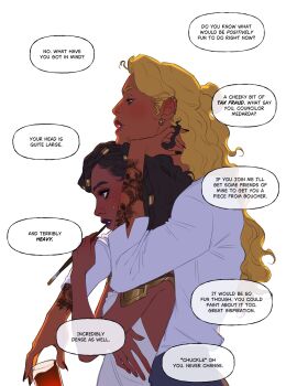 2girls arcane:_league_of_legends blonde_hair brown_eyes brown_hair collared_shirt commentary couple cup curly_hair dark-skinned_female dark_skin dreadlocks dress ear_piercing english_commentary english_text glitter_makeup gold_tattoo hair_up height_difference highres holding holding_brush holding_cup hug hug_from_behind league_of_legends leaning_forward leaning_on_person long_hair looking_down mel_(league_of_legends) multiple_girls parted_lips piercing plasticbottru red_lips shirt speech_bubble translated white_background white_dress white_shirt yuri