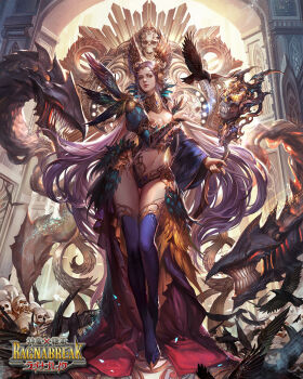 1girl blue_panties blue_thighhighs breasts closed_mouth commentary_request full_body head_wings highres juliet_sleeves kdash large_breasts light_particles long_hair long_sleeves midriff monster navel official_art panties puffy_sleeves purple_hair shinma_x_keishou!_ragnabreak solo thighhighs underwear very_long_hair wings