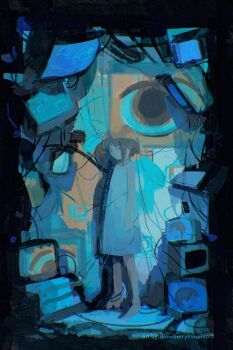 1girl artist_name brown_eyes brown_hair child closed_mouth dress highres iwakura_lain looking_at_viewer sberrymacchiato serial_experiments_lain short_hair sidelocks solo television white_dress