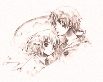 Rule 34 | archived source, bad link, buttons, closed mouth, ear wings, jang sun-yeong, light frown, light smile, looking at viewer, medium hair, monochrome, original, paper texture, ponytail, short hair, sidelocks, split mouth, straight hair, upper body, wings