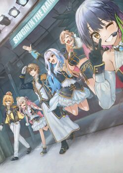 2boys 3girls :d black_gloves black_hair blue_hair blush braid brown_hair closed_eyes colored_inner_hair doidamon dot_nose frilled_skirt frills furen_e_lustario gloves green_eyes grin headset highres jumping kagami_hayato lize_helesta long_hair looking_at_another looking_at_viewer makaino_ririmu midriff multicolored_hair multiple_boys multiple_girls nijisanji nijisanji_idol_uniform one_eye_closed open_mouth pink_hair red_eyes selfie short_hair side_braid skirt smile stage streaked_hair sweatdrop tiara two-tone_hair uzuki_kou v virtual_youtuber white_gloves white_hair wings yamagami_karuta yellow_eyes