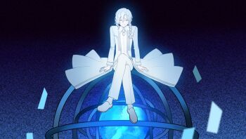 Rule 34 | 1boy, braid, chaldea logo, coat, commentary request, crossed legs, fate/grand order, fate (series), film grain, full body, highres, korean commentary, lim (r1m 1031), long sleeves, looking at viewer, male focus, marisbury animusphere, pants, planet, side braid, sitting, smile, solo, wavy hair, white coat, white eyes, white hair, white pants