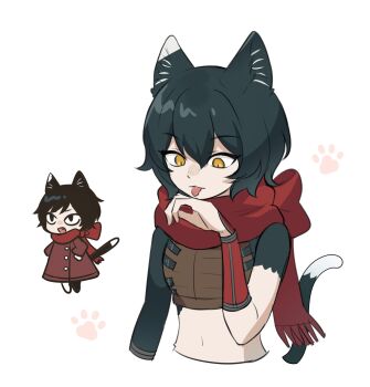 1girl animal_ears black_fur black_hair black_tail body_fur bridal_gauntlets brown_vest cat_day cat_ears cat_girl cat_tail chibi chibi_inset commentary crop_top dungeon_meshi highres izutsumi licking licking_hand licking_own_hand mayo_(mayo88meshi) navel open_mouth red_bridal_gauntlets red_scarf scarf short_hair simple_background solo symbol-only_commentary tail upper_body vest white_background yellow_eyes