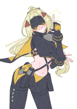 1girl absurdres ashimi_fugo black_pants black_shrug blindfold_mask blonde_hair blush camouflage camouflage_jacket camouflage_pants covered_eyes finger_gun fingerless_gloves gloves glowing_mask hair_ornament highres jacket latex_pants long_hair mask navel pants ponytail shrug_(clothing) solo stomach tight_clothes tight_pants tongue tongue_out triangle_hair_ornament trigger_(zenless_zone_zero) white_background zenless_zone_zero zipper_pull_tab