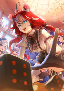 4girls ahoge allister_vinris animal_ears animal_hood ascot black_bow black_bowtie black_hair black_shorts blue_eyes blue_hair blue_hoodie boots bottle bow bowtie bucket chain chain_headband commentary dice english_commentary grey_ascot grey_hair grey_thighhighs hakos_baelz hakos_baelz_(steel_rose) highres hololive hololive_english hood hood_up hoodie indoors knee_boots low_twintails mouse_ears mouse_girl multicolored_hair multiple_girls ninomae_ina'nis ninomae_ina'nis_(loungewear) official_alternate_costume official_alternate_hairstyle open_mouth ouro_kronii ouro_kronii_(1st_costume) purple_hair red_hair shark_girl shark_hood sharp_teeth shirt shorts single_knee_boot single_thigh_boot streaked_hair suspender_shorts suspenders teeth thigh_boots thighhighs twintails virtual_youtuber white_hair white_shirt