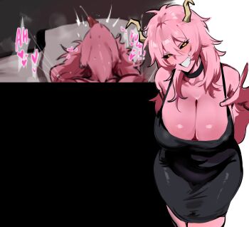1girl absurdres ashido_mina black_dress black_sclera boku_no_hero_academia breasts censored cleavage colored_sclera colored_skin commentary covered_navel dress english_commentary english_text female_orgasm highres horns impossible_clothes kurenaiz_(kuayrenaiz) large_breasts looking_at_viewer mosaic_censoring nipples official_alternate_costume official_alternate_hairstyle open_mouth orgasm paid_reward_available pink_hair pink_skin smile teeth yellow_eyes