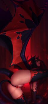 1girl ass black_hair black_thighhighs black_wings demon_girl demon_horns demon_tail demon_wings highres horns long_hair nude original pointy_ears pussy red_eyes red_hair red_thighhighs red_wings shiny_skin solo tagovantor tail teeth thighhighs wings