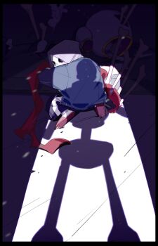 2others alternate_universe armor asaiiro bags_under_eyes black_sclera black_shorts blood blood_on_clothes blood_on_face blue_hoodie bone breastplate broken_armor colored_sclera commentary crack crack_of_light cracked_floor crying crying_with_eyes_open dirty dirty_clothes drop_shadow dusttale english_commentary grey_hood highres holding holding_unworn_clothes hood hood_up hoodie hunched_over impaled implied_murder indoors kneeling looking_back multiple_others on_ground opening_door papyrus_(undertale) pink_slippers red_eyes red_scarf sans_(undertale) scarf shorts skeleton slippers snow snowflakes snowing tearing_up tears turning_head