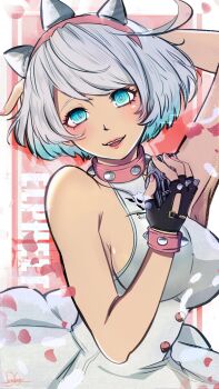 1girl absurdres arm_up armpit_crease armpits bare_arms black_gloves blue_eyes blush bracelet breasts cattedawn character_name circle_skirt collar commentary dress elphelt_valentine falling_petals fingerless_gloves fingernails gloves gradient_hair guilty_gear guilty_gear_strive hairband halterneck highres holding holding_microphone jewelry large_breasts looking_at_viewer microphone multicolored_hair nail_polish open_mouth petals pink_collar pink_hairband pink_nails pink_petals short_hair sideboob signature smile solo spiked_bracelet spiked_collar spiked_gloves spiked_hairband spikes teeth two-tone_hair upper_body upper_teeth_only white_dress white_hair