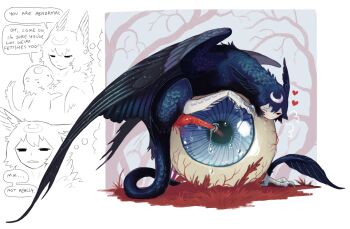 2girls blue_feathers blue_hair blue_tail blue_wings breath creature crescent crescent_facial_mark dragon english_text eyeball facial_mark feathers grass green_wings harpy heart highres hypocrite jejejunum monster monster_girl multicolored_feathers multicolored_wings multiple_girls nethermare one_eye_closed orgasm original penis red_grass red_penis secret_(jejejunum) tail talking tongue tongue_out tree whisper_(jejejunum) wings
