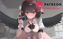 1boy 1girl animated audible_internal_cumshot audible_speech bird_wings black_hair black_wings blackmail blinking blush breasts breasts_out camera clothed_sex cowgirl_position cum cum_in_pussy cum_overflow ejaculation evil_smile female_focus geta girl_on_top hat henkawa hetero highres holding holding_camera huge_breasts indoors interior japanese_audio large_breasts live2d looking_at_viewer moaning mountain_of_faith nipples open_mouth penis pov pussy red_eyes red_hat riding sex shameimaru_aya shirt short_hair smile solo solo_focus sound spread_legs straddling subtitled sweat tagme taking_picture tengu-geta thighs threat tokin_hat touhou vaginal video white_shirt wings