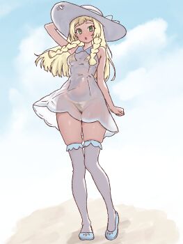 1girl arm_at_side arm_up armpit_crease bare_arms bare_shoulders bikini bikini_under_clothes blonde_hair blue_bow blue_shoes blue_sky blush bow braid breasts clenched_hand cloud collared_dress commentary covered_groin covered_navel curvy day dress full_body gold_bikini green_eyes hat hat_bow heel_up highres lillie_(pokemon) long_hair looking_at_viewer nintendo outdoors parted_lips peace_peace009 pokemon pokemon_sm sand see-through_clothes see-through_dress shoes skindentation sky sleeveless sleeveless_dress small_breasts solo standing string_bikini sun_hat swimsuit thighhighs twin_braids white_dress white_hat white_thighhighs wide_hips