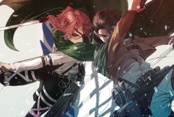1boy 1other absurdres arms_up belt brown_eyes brown_hair brown_jacket cape collared_shirt commentary_request dual_wielding dutch_angle dynamic_pose eyepatch fighting glasses green_cape grey_pants grey_shirt hange_zoe highres holding holding_weapon jacket lanm_yuy levi_(shingeki_no_kyojin) long_sleeves medium_hair pants ponytail shingeki_no_kyojin shirt short_hair signature simple_background thigh_belt thigh_strap three-dimensional_maneuver_gear weapon white_background