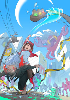 1boy 1girl arms_up artist_name ayase_momo barefoot black_pants black_shirt breasts brown_eyes brown_hair building commentary cropped_jacket crowd dandadan day earrings english_commentary from_below glasses guryfrog highres jacket jewelry large_breasts medium_hair open_mouth outdoors paint paint_can paint_splatter pants red_jacket road round_eyewear shards shirt shoes sky sneakers street takakura_ken_(dandadan) traffic_light turbo_granny_(dandadan) utility_pole white_hair white_shirt