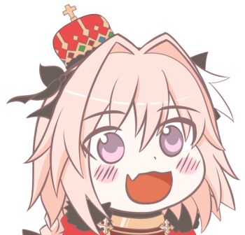 1boy androgynous astolfo_(fate) astolfo_(rider)_(fate) astolfo_(third_ascension)_(fate) black_bow blush_stickers bow braid cape chibi crown fang fate/apocrypha fate_(series) gold_trim gyate_gyate hair_bow hair_intakes male_focus mini_crown multicolored_hair official_alternate_costume open_mouth pink_hair portrait purple_eyes red_cape skin_fang smile solo streaked_hair transparent_background white_hair xeren3