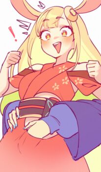 Rule 34 | !, 2girls, animal ears, blue nails, blush, cho kaguya-hime!, clothing cutout, commentary, crescent, crescent hair ornament, ears up, english commentary, hair ornament, highres, japanese clothes, kaguya (cho kaguya-hime!), kimono, multiple girls, obi, open mouth, orange eyes, rabbit ears, reach-around, red kimono, sakayori iroha, sash, sher (imnotsher), simple background, smile, white background, yuri